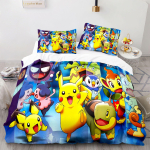 Pokemon Pikachu Voodipesu Komplekt 3D Kodu Tekikate Magamistoa Kaunistus Lastele Poiss T&uuml;druk Tekikate Queen King Suurus EU Single(135*200cm)3pcs yellow