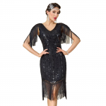 Naiste suuruses 1920ndate Gatsby Flapper Kleit, Litrite ja P&auml;rlitega L&uuml;hikeste Varrukatega Tassidega &Otilde;htukleit Peole & Pr 2XL must