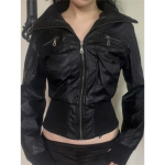 Ameerika Vintage PU Nahkjakk Naistele Streetwear Harajuku Grunge Emo Alternatiivne Grunge T&otilde;mblukuga Vabaaja Joped Naistele L must