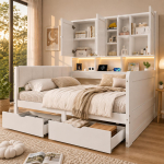 Lastevoodi, Panipaiguga 90x200 LED-valgustus, USB-laadimispordid Sahtlid, PU-polsterdatud peats, P&auml;evavoodi, L-kujuline Puit, Riiulid ja Kapid, Valge 205 x 114.5 x 153.5 cm valge