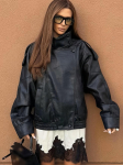 Naiste kunstnahast jope As&uuml;mmeetriline lukuga k&otilde;rge kraega &Otilde;lakatted L&otilde;tv l&otilde;ige L&uuml;hike Biker-jakk XS must
