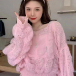 Naiste sviiter 2023 Pehme kleepuv l&uuml;hike kampsun, kevadise kaelusega korea avara pikkade varrukatega kootud kampsun, naiste sviiter One Size roosa