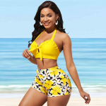 Naiste p&auml;itsetega kollane Lotus Leaf Bow Print Bikini Tankini ujumistrikoo S sinine