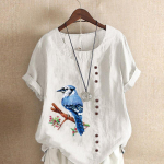 Naiste mood suvine &uuml;mara kaelusega l&uuml;hikeste varrukatega T-s&auml;rk vabaaja puuvillane linane graafiline s&auml;rk vaba aja veetmiseks avara lindprindiga pluusiga pluus, suur suurus M tumesinine v&auml;rv