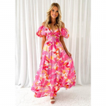 Kevad/suvi uus temperament Slim-fit print puhvis varrukad Swing High-end kleit naine puhkuse stiil ranna stiil S punane