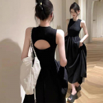 Varrukateta must elegantne suures suuruses suvekleit naiste seljata moodne A-line seksikas pikk kleit Naistele m&otilde;eldud vabaaja peokleidid 799 S must