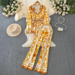 Runway Designer Vintage Print Pant kaheosaline komplekt naiste bleiser-s&auml;rgi ja p&uuml;kstega Kontorit&ouml;&ouml; &uuml;likond M kollane