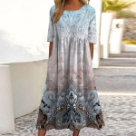 Kleidid Naistele Riided Pikad ballikleidid Boho tr&uuml;kiga O-kaelusega l&uuml;hikeste varrukatega kleidid taskuga L sinine