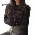 S&uuml;gistalvised kudumistopid &Uuml;mmargune kaelus, puhvis pikkade varrukatega, &uuml;hev&auml;rviline, vaba sobivusega vabaaja &uuml;laosaga soonikuga sviiter kampsun beež