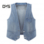 Naiste teksavest varrukateta avara V-kaelusega topeltn&ouml;&ouml;bid, &uuml;hev&auml;rvilised vintage, kindlad &otilde;mblusega hip-hop t&auml;navar&otilde;ivad Daami s&uuml;giskevadine vest L sinine