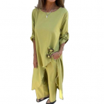 Naiste ebakorrap&auml;rane k&otilde;rge ja madala &auml;&auml;rega kaheosaline komplekt O-kaelusega, l&otilde;hikuga &uuml;laosaga ja laiade jalgadega 2XL kollane