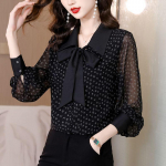 Sifonpluus Naiste Uus Top Pikkade varrukatega S&auml;rk Lilleprindiga Lipsuga kaelus Pluus Kevadeks S&uuml;giseks Naiste R&otilde;ivad Ideaalne Igap&auml;evaseks ja Ametlikuks S&uuml;ndmuseks S must