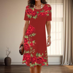 Naiste Mood Graatsiline Ilus Roosi Mustriga Suvine Kevadine L&uuml;hikeste Varrukatega O-kaelusega Vabaaja Kleit 6XL punane