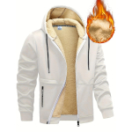 Meeste mugav voodriga kapuutsiga jakk - Vabaaja &uuml;hev&auml;rviline sinine lukuga ja n&ouml;&ouml;riga kapuuts, lukuga tasku ja n&ouml;&ouml;pkinnitusega esiosa, pehme tekstuuriga riietus 2XL valge