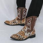 Moodne disainer Meeste Retro L&auml;&auml;ne Kauboi Saapad Meeste Leopard Plaaster Tikand Keskmise s&auml;&auml;rega Nahast Saabas Disainer Vabaaja Jalan&otilde;ud 43 brown