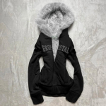 VAYLA Vintage Kirjaga Karusnahast Kraega Kapuutsiga Dressipluus S&uuml;gis Talv Lukuga Y2K Retro Fliisjakk Harajuku Tikand Pl&uuml;&uuml;s Tume Mood S