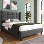 Voodi - MUVOE - 90x200 cm - Hall linane - Tepitud peatsium - Lippidest alusraam komplektis hall