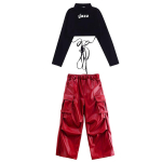 Laste Hip Hop Riided T-s&auml;rk L&uuml;hike Topp Veinipunane K&auml;isesoojendaja Kunstnahast Vabaaja Cargo P&uuml;ksid T&uuml;drukule Jazz Tantsu Kost&uuml;&uuml;mid Riided 150cm black