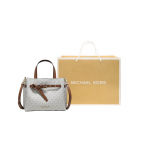 MICHAEL KORS k&auml;ekott Emilia punutud t&otilde;mblukk t&ouml;&ouml;le presb&uuml;oopia v&auml;rviplokk logo kaetud l&otilde;uend ruudukujuline k&auml;es hoitav &otilde;lal Originaal k&auml;ekoti mudel valge