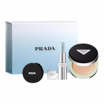 Prada meigikomplekt Kerge ja &otilde;rn 2026 Uus kolmeosaline komplekt: #U001 sinine huulepulk huulepulk 3,8 g + #LC5 valge v&auml;rvi &otilde;hkpadjake 12 g + &otilde;hkpadjakese kott sinine