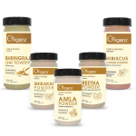 Origenz juuksehooldus 5 pulbri komplekt 500g - Amla Reetha Shikakai Bhringraj Hibiskuse pulberpakett pesemiseks, terve peanaha, toitmiseks, maskiks, aitab C-le beige