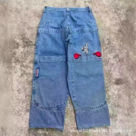 Meeste Y2K Laiad teksap&uuml;ksid Retro Tikitud Hip Hop Streetwear Sirge l&otilde;ikega teksad Large gray
