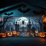 1 suur Halloweeni garaažiukse silt - kujutab kummituste kalmistu stseeni helendavate k&otilde;rvitsalaternategazyc 98&times;71inch/250*180cm