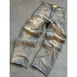 VibeStreet Ameerika Uus Mood Plaaster Kottis Vabaaja Teksap&uuml;ksid Meestele ja Naistele Y2K High Street Harajuku K&otilde;rge V&ouml;&ouml;koht Lai Jalg Denim P&uuml;ksid S gray