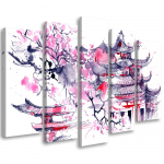 Viieosalise pildiga l&otilde;uendiprint Pagoda Cherry Tree Japan Painted 100x70 roosa