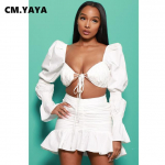 Naiste seelikukomplekt Solid Bandage Puff varrukatega Crop Tops Miniseelik, kaks 2-osalist komplekti Seksikad &ouml;&ouml;klubir&otilde;ivad, moer&otilde;ivad, s&uuml;gis XXL valge