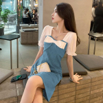 Prantsuse kleit Bow Elegantne ja armas kleidid Naiste suvine vale kaheosaline mullivarrukatega kleit S sinine