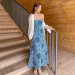 Rannastiilis suvine boheemlaslik kleit naistele Cross Bandage Seksikas kleit Naiste spagetirihmaga tr&uuml;kised pikad kleidid 13237 S sinine