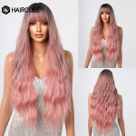 HAIRCUBE Pikk laineline roosa Ombre s&uuml;nteetiline parukas tukkidega Natural Hairline Parukas naistele Cosplay Daily Party kuumakindlad juuksed