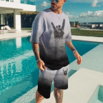 Suvine vabaaja meeste moodne &uuml;mara kaelusega T-s&auml;rgi l&uuml;hikeste p&uuml;kste komplekt 3D-prindiga žestiga l&uuml;hikeste varrukatega pullover, suur kaheosaline komplekt L