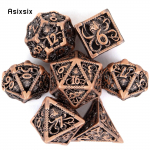 7 tk oranži kalmaari metallist t&auml;ringut sisaldav &otilde;&otilde;nes metallist mitmetahuline t&auml;ringukomplekt, mis sobib rollim&auml;nguks RPG lauam&auml;ngu kaardim&auml;nguks mitmev&auml;rviline