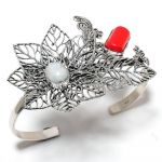 Natural Rainbow Moonstone,Coral Stone 925 Sterling Silver Cuff Bangle Adj. j1p74