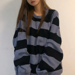 WTEMPO Harajuku pikkade varrukatega triibulised s&auml;rgid T&auml;navar&otilde;ivad Esteetilised korea lahtised topid Vintage hipi O-kaelusega Kpop must pullover M must