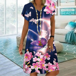 Suvine moodne V-kaelusega naiste kleit l&uuml;hikeste varrukatega, sinine kr&uuml;santeemtr&uuml;kiga kleit, vaba vabaaja kleit naistele XS sinine