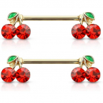 Pierced Owl 14GA 316L Stainless Steel Lucky Double CZ Cherry Ends Nipple Barbells, Sold as a Pair Gold Tone