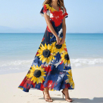 Naiste suvised vabaajamood &uuml;hev&auml;rvilised kleidid V-kaelusega l&uuml;hikeste varrukatega kleidid L