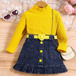 T&uuml;drukute moekomplekt, suvine laste vabaaja &uuml;hev&auml;rviline pikkade varrukatega topp, denim plisseeritud seelikukomplekt 110cm yellow