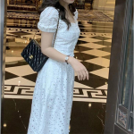 Suvine elegantne Korea &scaron;ikk valge midi kleit naistele Prantsuse ažuursega seksikas kawaii peokleit moekas l&uuml;hikeste varrukatega kleit S valge