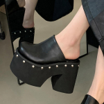 Moodsad mustad &uuml;hev&auml;rvilised platvormiga neetidega naiste sussid Moodne disain Paks tald K&otilde;rged kontsad Kingad Suvepidu Kleidid Zapatos Mujer 34 must
