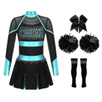 T&uuml;drukute Cheerleadingu Riietus Rhinestone Kirjakujundus Metallik V&auml;rvi Lapit&ouml;&ouml; Pikkade Varrukatega Plisseeritud Kleidikomplekt 15-16 Years must/t&uuml;rkiissinine