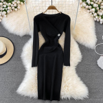 RUGOD kevadine ja s&uuml;gisene uus retro stiilis elegantne ja seksikas V-kaelusega Slim Fit pikkade varrukatega kootud puusa alumine kleit One Size punane