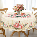 1 t&uuml;kk retro roosa roosimustriga lilleline laudlina, kevad-suvine lillekaunistus, peotarbed, masinpestav laudlina pulmapeoks 140x180cm beige