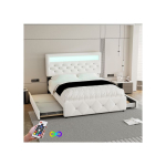 Polsterdatud voodi - MUVOE - 140x200 cm - Valge - 2 sahtlit - Elegantne disain valge