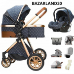BAZARLAND30 Poussette 3 en 1 B&eacute;b&eacute; Combin&eacute;e Si&egrave;ge-Auto Nacelle Trio R&eacute;versible R&eacute;glable Haute Qualit&eacute; Roues increvables.BLEU sinine