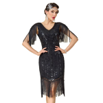 Naiste suuruses 1920ndate Gatsby Flapper Kleit, Litrite ja P&auml;rlitega L&uuml;hikeste Varrukatega Tassidega &Otilde;htukleit Peole & Pr 2XL must