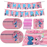 Roosa Lilo ja Stitchi S&uuml;nnip&auml;evapeo Tarvikute Komplekt, Roosa Teemapeo Kaunistused Kingitused sisaldab 'Happy Birthday' B&auml;nnerit, Lauakate